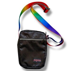 JanSport Black Weekender Crossbody Bag with Rainbow Webbed Adjustable Strap